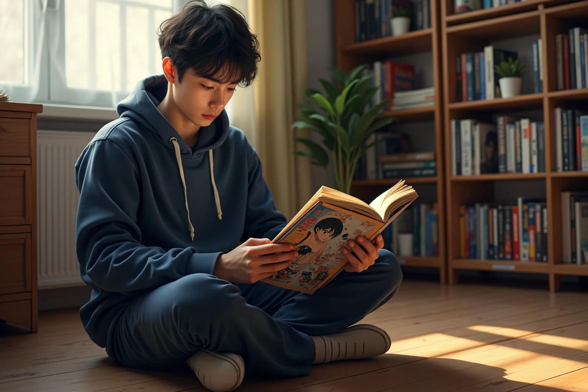 Jeune homme lisant un manga One Piece dans une chambre remplie de volumes de manga sur des étagères en bois