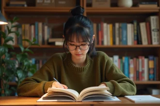 Jeune femme lisant un manga à son bureau, symbolisant le respect des œuvres et le droit des auteurs dans la culture fan