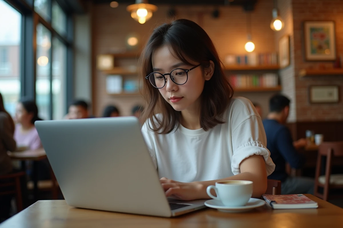 Jeune femme lisant le scan One Piece en français sur un ordinateur portable dans un café urbain