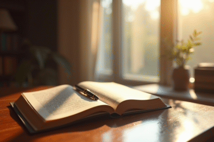 Livre de droit ouvert sur un bureau ensoleille avec plume