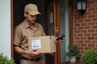 Livreur Amazon en uniforme marron tenant un colis devant une porte d'entrée avec un scanner de livraison à la main