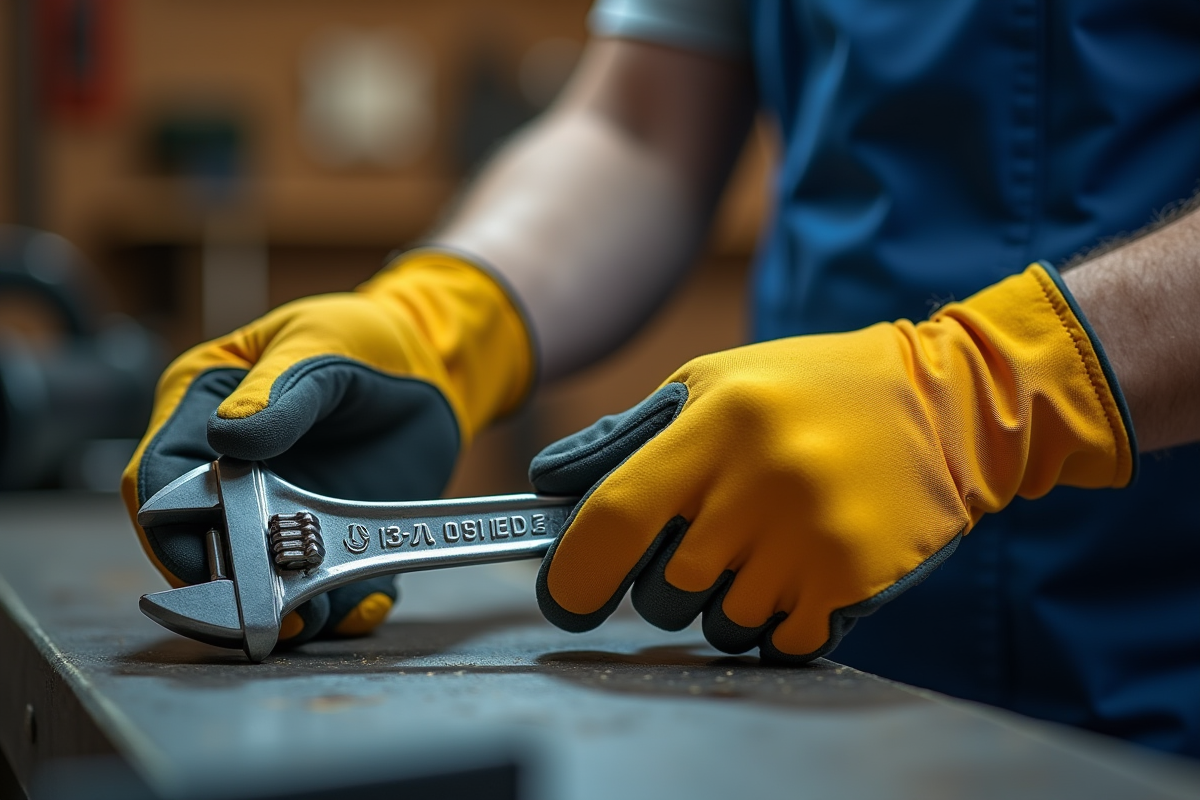 Personne portant des gants tenant une clé à molette au travail