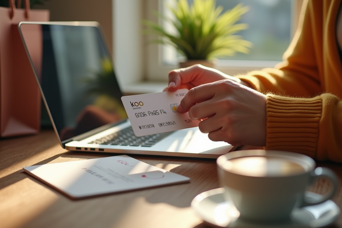 Mains posant une carte cadeau Kadeos sur une table en bois