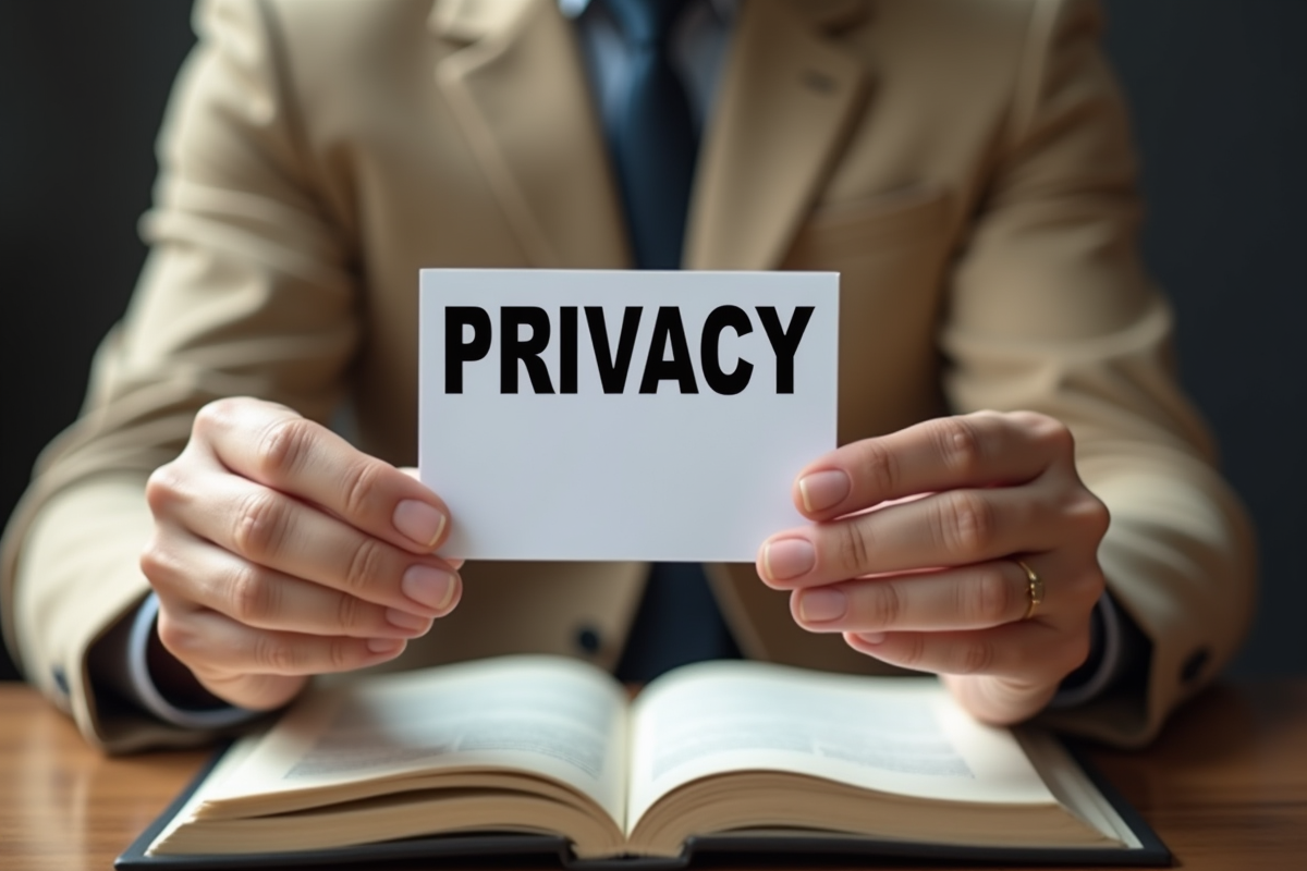 Mains tenant un panneau de privacy devant des livres de droit ouverts