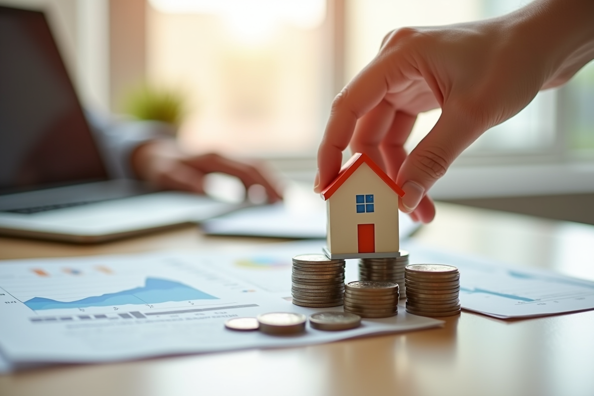 Main tenant une maison miniature au-dessus de pièces de monnaie et papiers financiers