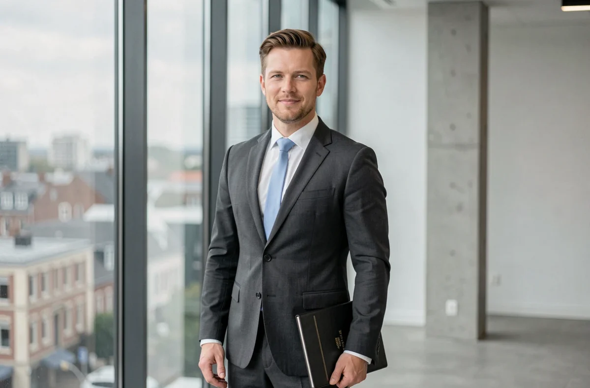 Portrait professionnel de Maître Adrien Vaginay, avocat nantais, en costume charbon devant une fenêtre avec vue sur la ville