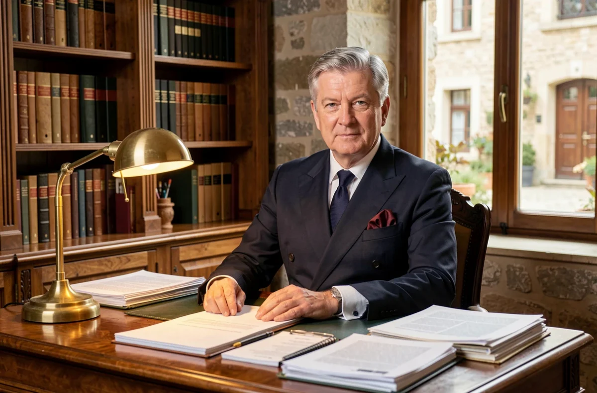 Portrait professionnel de Maître Pierre Gendronneau, avocat expérimenté à Nantes, en costume marine derrière son bureau en acajou