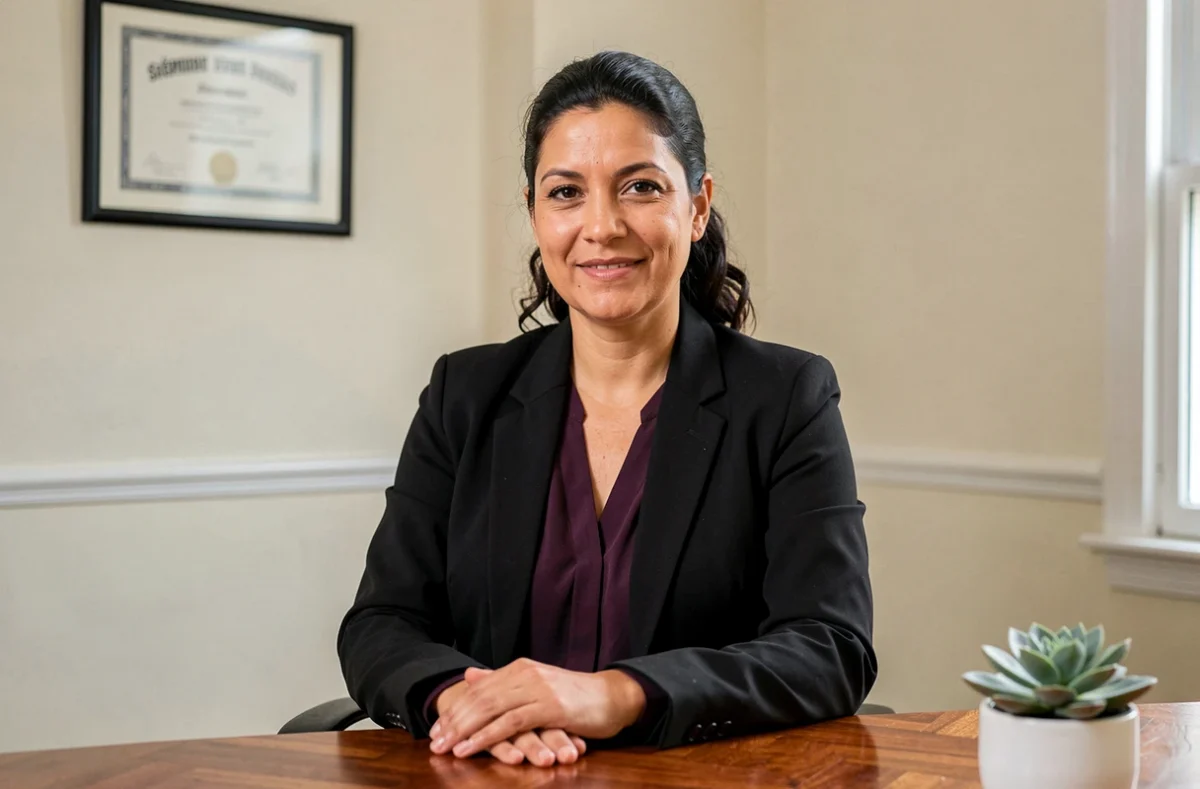 Portrait professionnel de Maître Stéphanie Rodrigues Devesas, avocate à Nantes, assise à son bureau en blazer noir