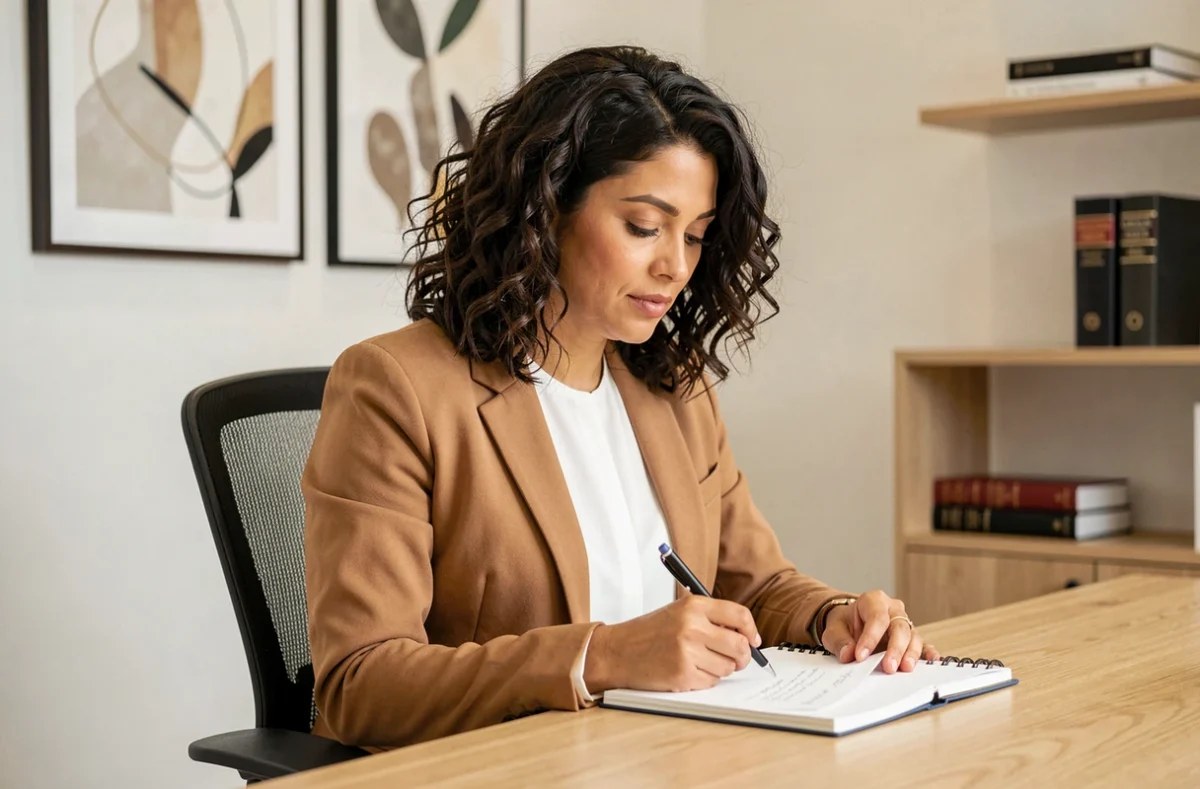 Portrait professionnel de Maître Yasmina Bouriachi, avocate à Nantes, en blazer camel consultant ses notes dans son bureau moderne