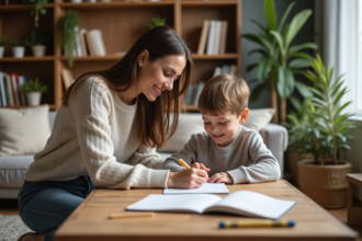 Maman et son fils dessinant dans un salon chaleureux