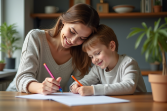 Mère et enfant dessinant à la maison dans la cuisine chaleureuse