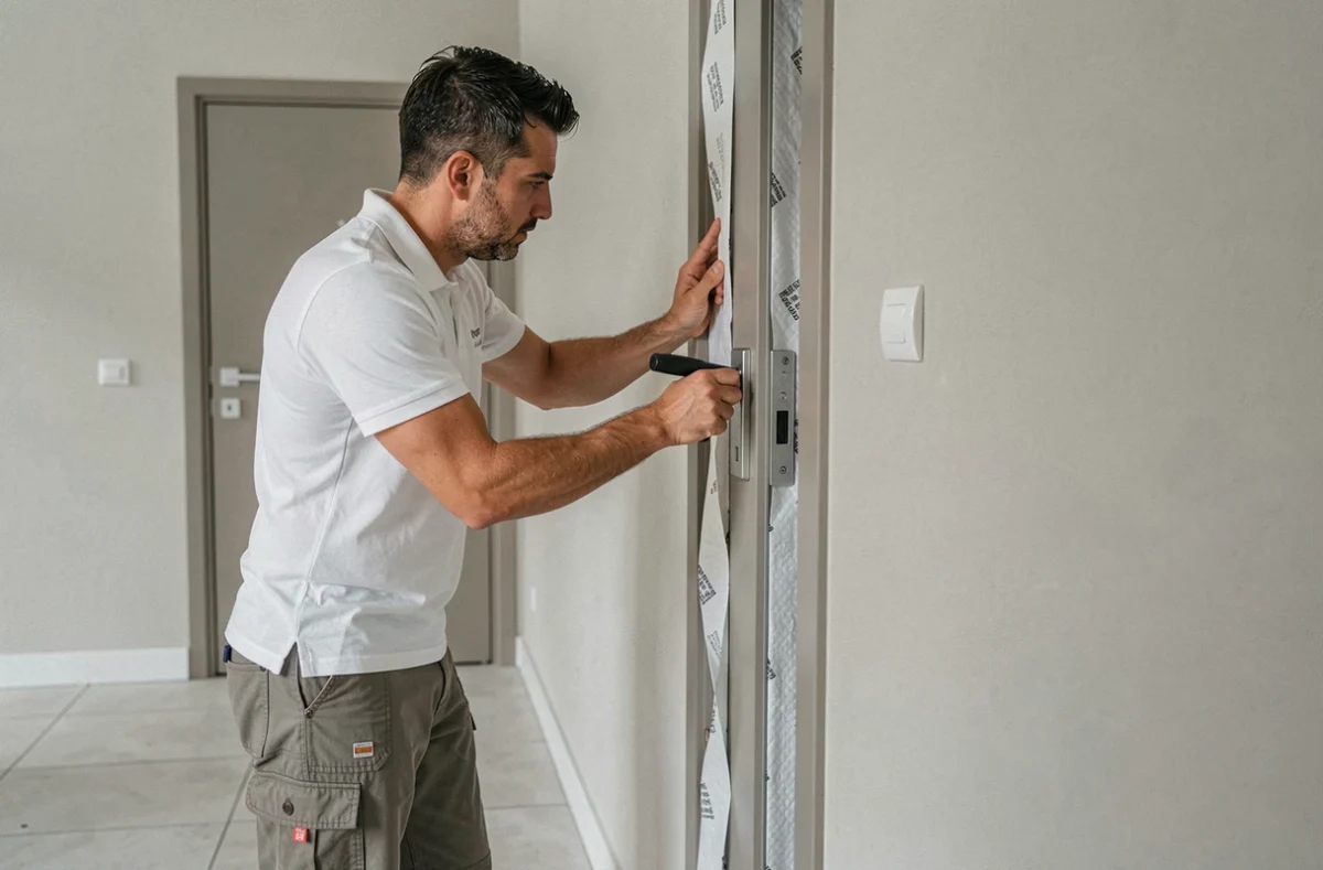 Technicien Mano Thermo posant un joint d'isolation thermique autour d'une serrure dans un appartement toulousain