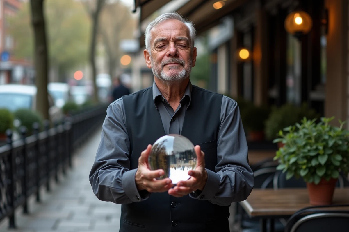 Medium tenant une boule de cristal dans un café extérieur