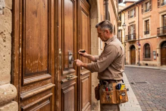 Serrurier professionnel au travail devant une porte en bois dans les rues de Toulouse