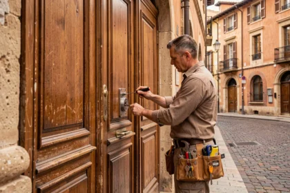 Serrurier professionnel au travail devant une porte en bois dans les rues de Toulouse