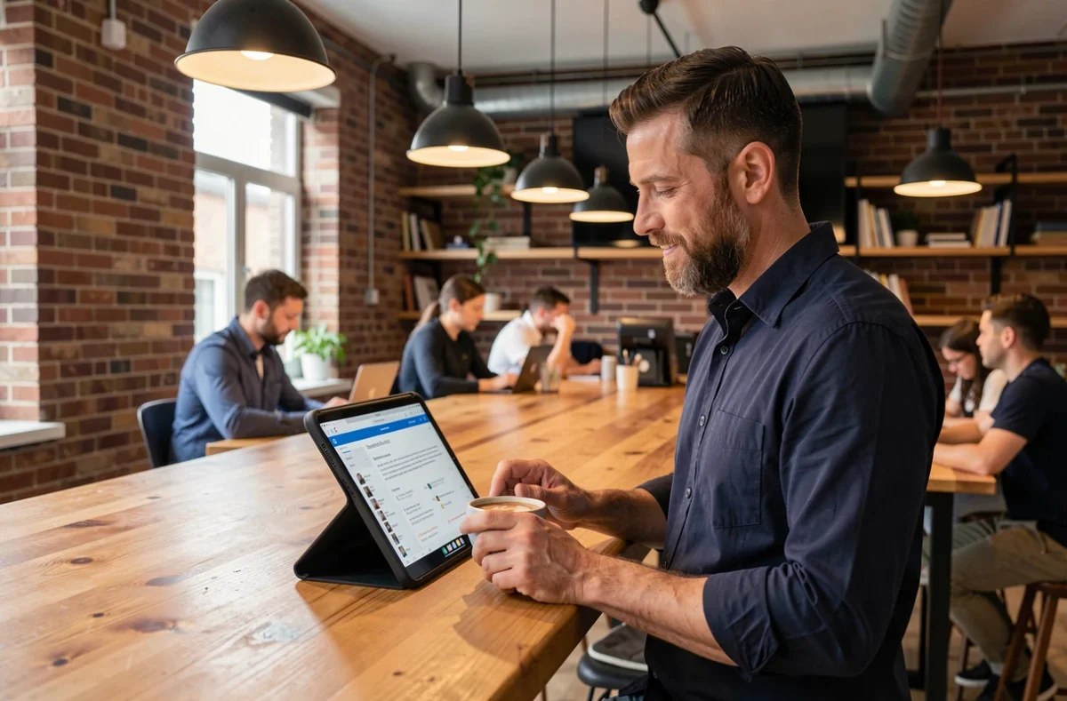 Homme membre consultant du contenu exclusif sur une tablette dans un espace de coworking moderne