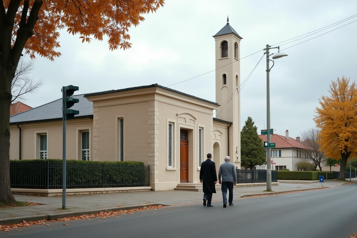 Façade d'une mosquée de banlieue parisienne avec deux fidèles se dirigeant vers l'entrée en automne
