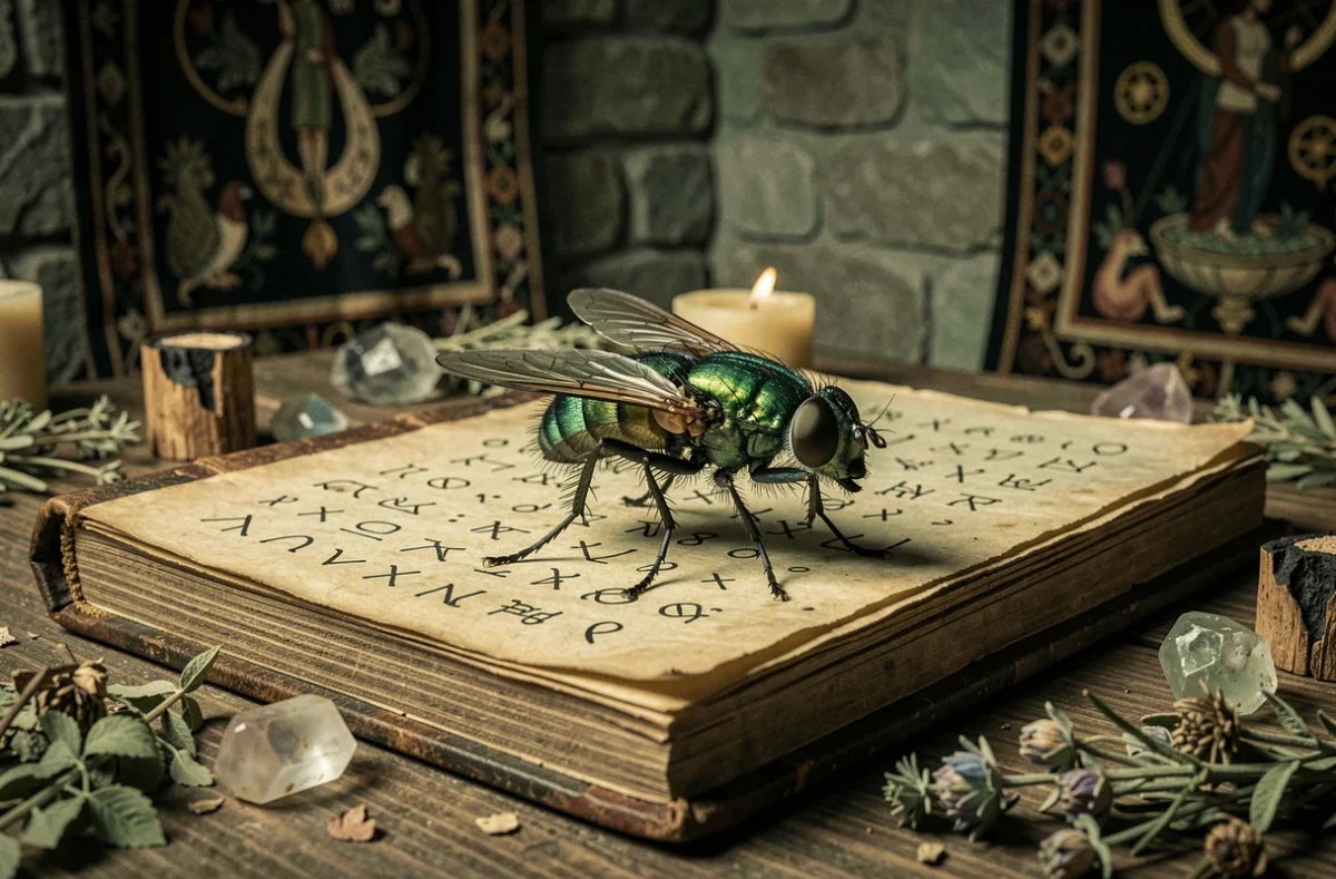 Mouche métallique posée sur un livre ésotérique ancien avec symboles mystiques et herbes séchées