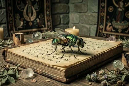 Mouche métallique posée sur un livre ésotérique ancien avec symboles mystiques et herbes séchées