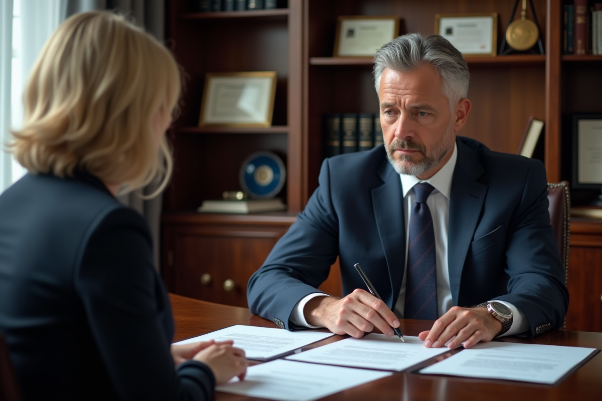 Notaire en costume examinant des documents dans un bureau élégant