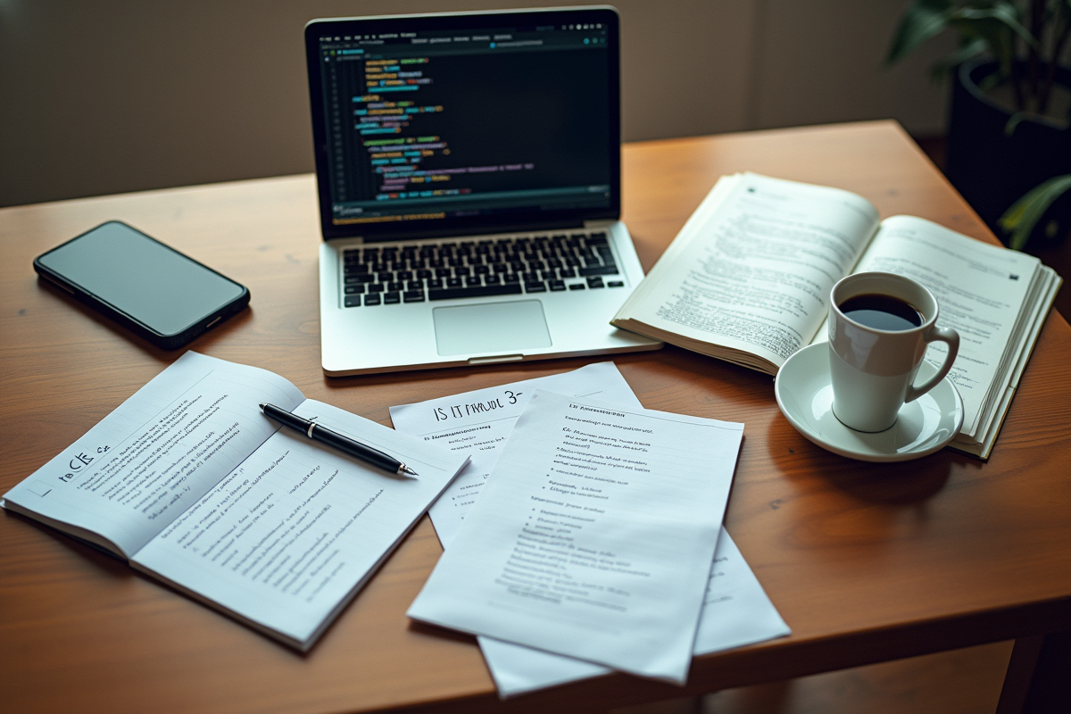 Notes manuscrites et livres de C sur une table en bois