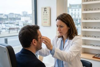 Opticienne professionnelle à Brest ajustant des lunettes sur un client dans un magasin d'optique moderne