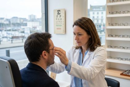 Opticienne professionnelle à Brest ajustant des lunettes sur un client dans un magasin d'optique moderne
