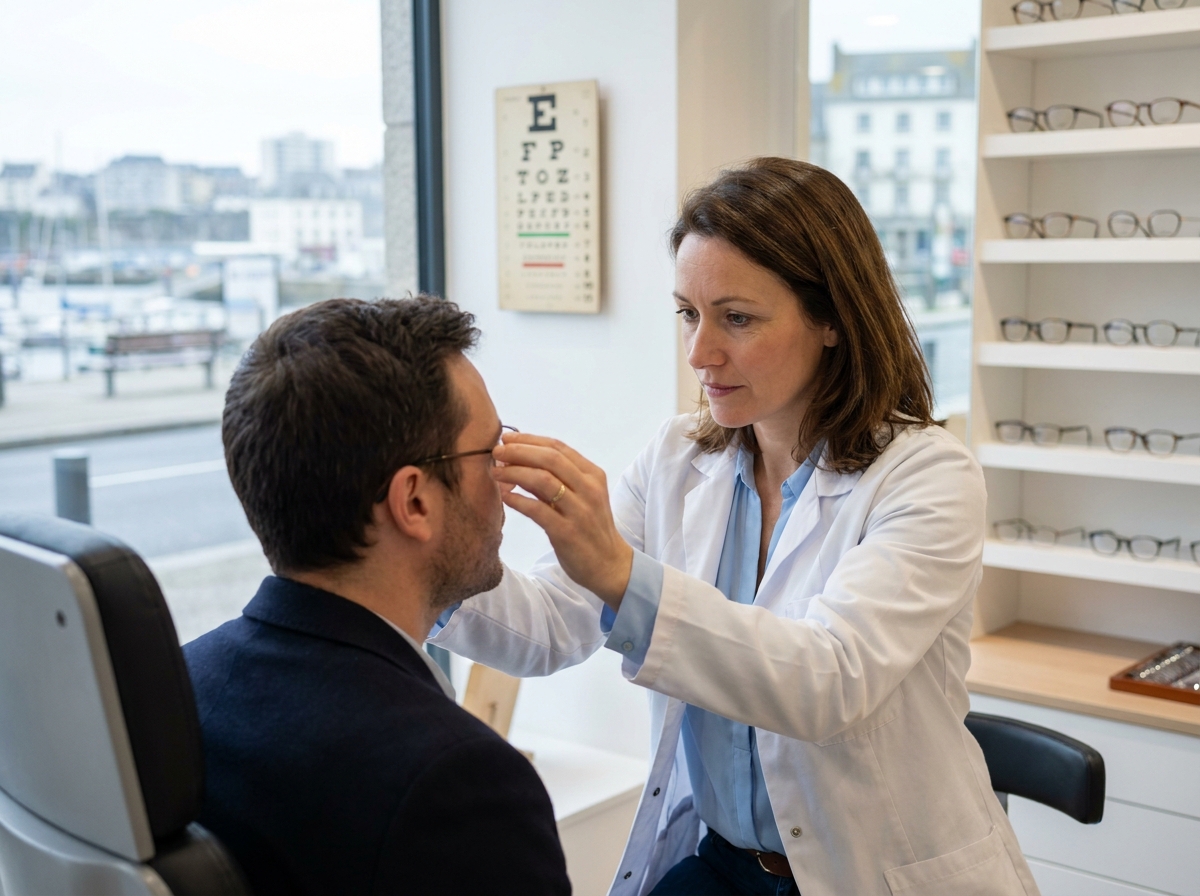 Opticienne professionnelle à Brest ajustant des lunettes sur un client dans un magasin d'optique moderne