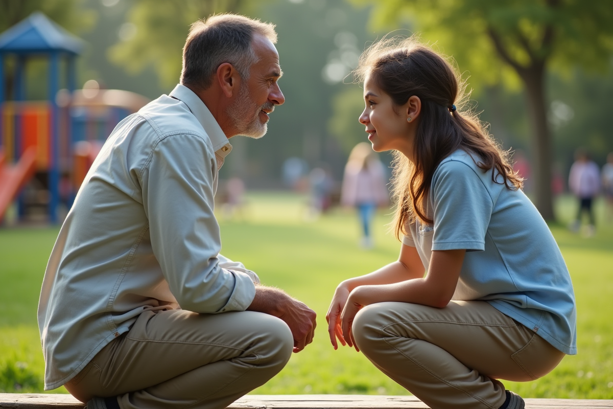 Papa et sa fille discutant sur un banc dans un parc