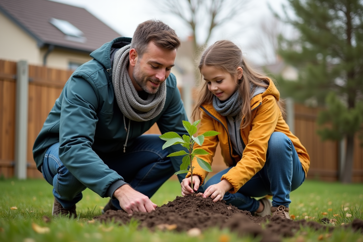 Père et fille plantant un jeune arbre dans le jardin