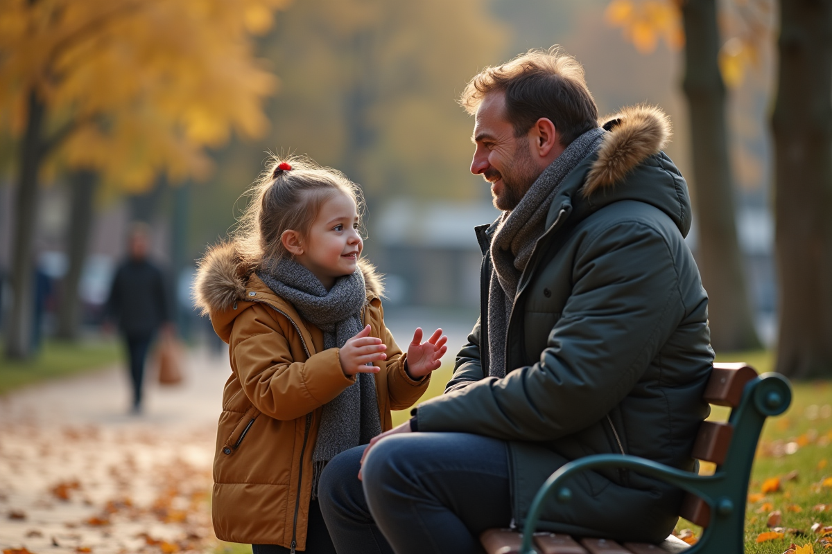 Père et fille discutant sur un banc dans un parc en automne