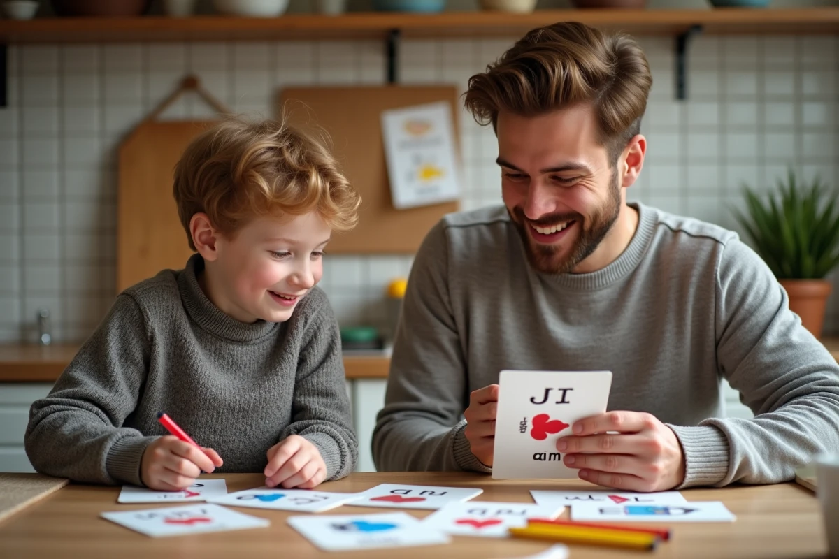 Père et fils jouant avec cartes de rimes dans la cuisine