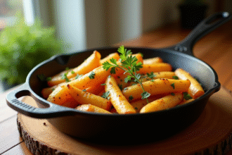 Parsnips poêlées dorées avec herbes fraîches dans une cocotte en fonte