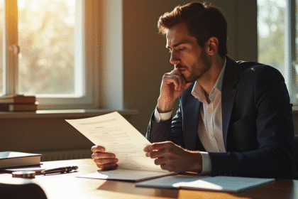 Personne lisant un document juridique au bureau en lumière naturelle