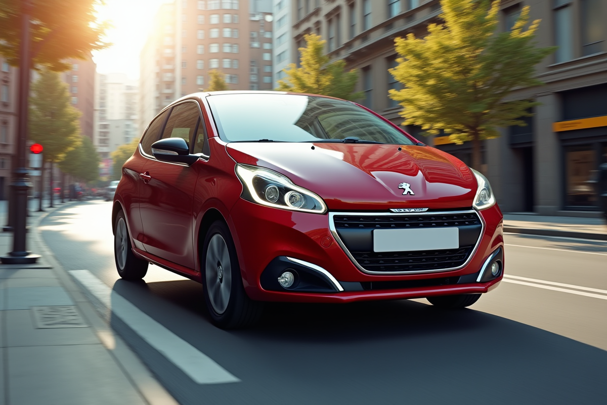 Peugeot 208 en mouvement sur rue urbaine ensoleillee