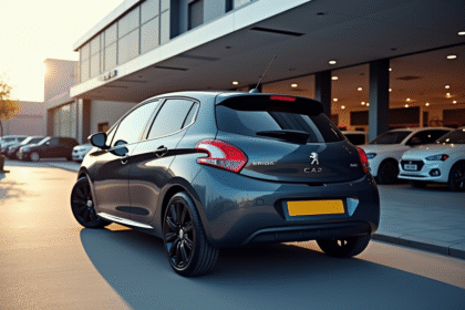Peugeot 208 moderne devant concessionnaire lumineux