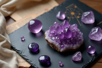 Collection de pierres violettes et améthystes disposées sur une ardoise avec une carte astrologique, ambiance artisanale