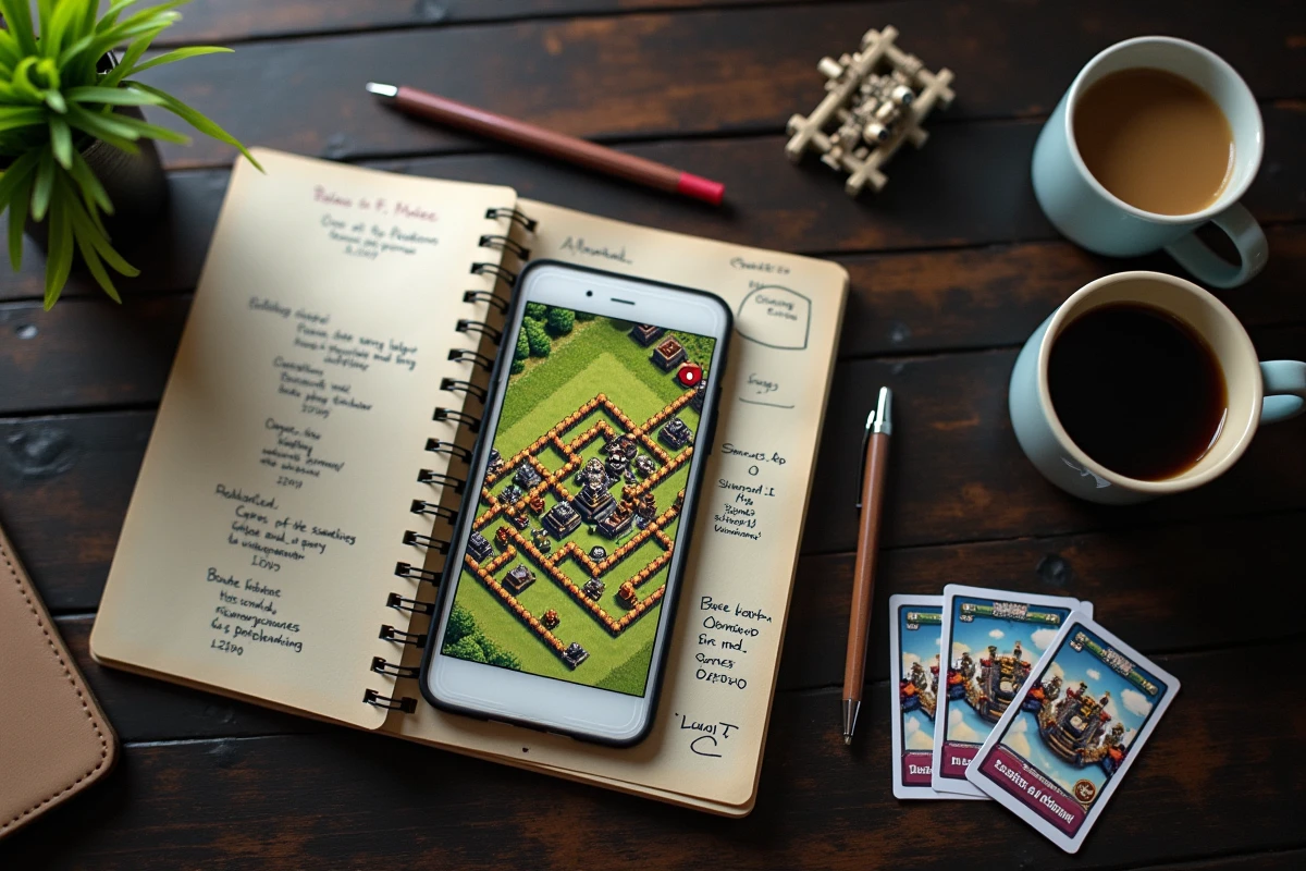 Vue aérienne d'un planning de stratégie HDV 12 Clash of Clans avec notes manuscrites et smartphone