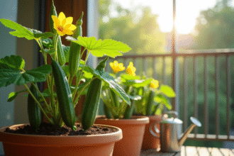Plante de concombre saine en pot sur balcon ensoleille