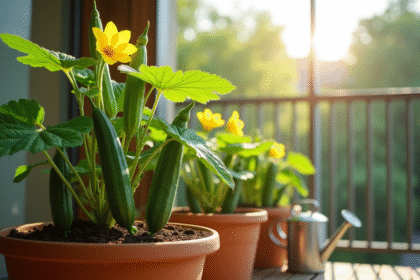 Plante de concombre saine en pot sur balcon ensoleille