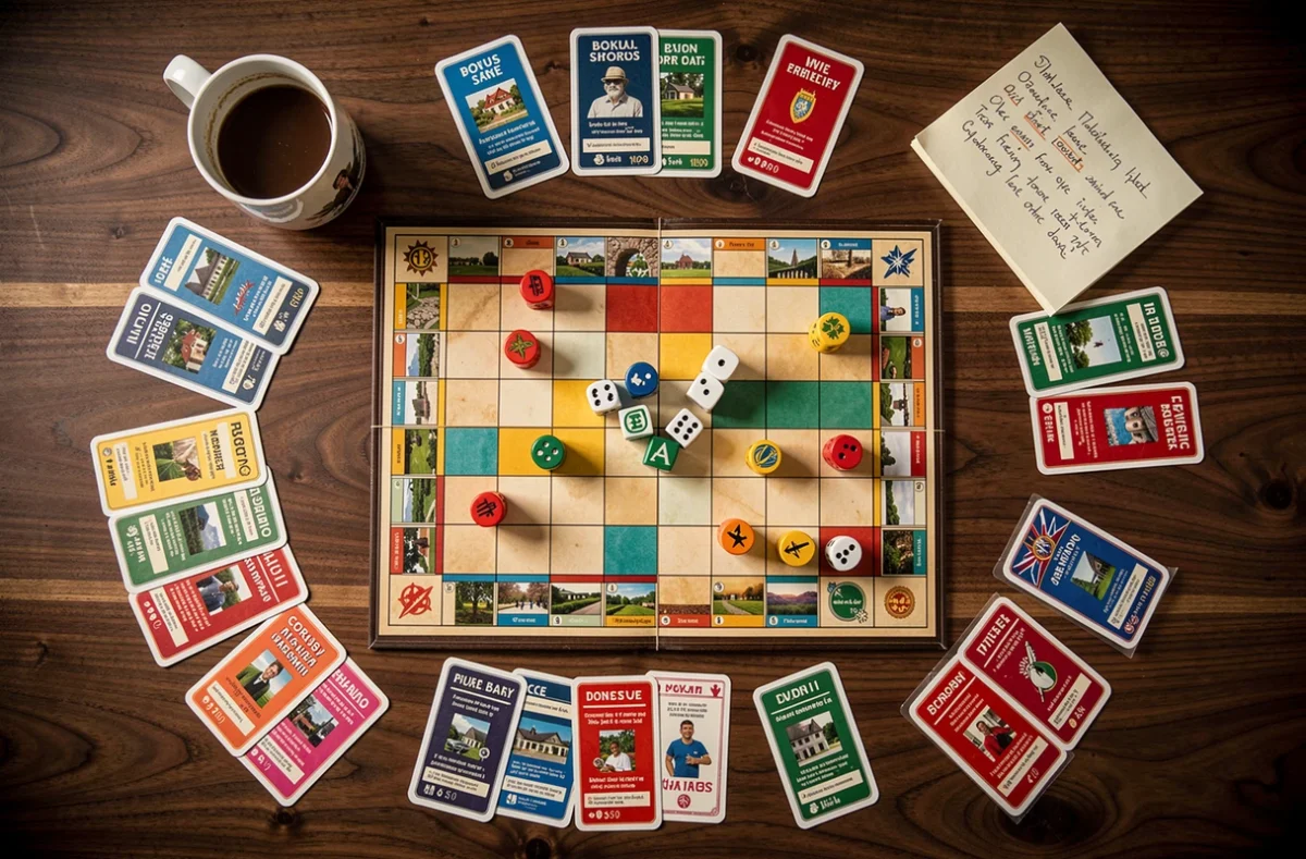 Vue de dessus d'un plateau de jeu de société stratégique avec dés, cartes de propriété et packs bonus sur une table en bois sombre