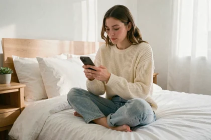 Jeune femme consultant TikTok sur son smartphone le vendredi matin dans une chambre style scandinave pour optimiser ses posts lifestyle