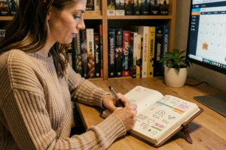 Femme prenant des notes dans un agenda pour préparer ses offrandes Almanax à l'avance sans se connecter au jeu