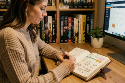 Femme prenant des notes dans un agenda pour préparer ses offrandes Almanax à l'avance sans se connecter au jeu