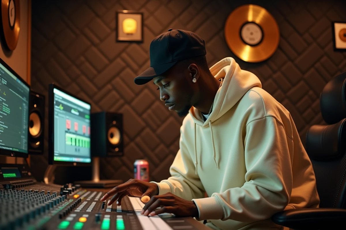 Jeune producteur de rap en studio d'enregistrement dans le 95 ajustant une console de mixage professionnelle
