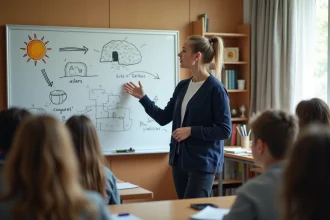 Professeure de collège expliquant une allégorie au tableau avec des dessins symboliques devant ses élèves attentifs