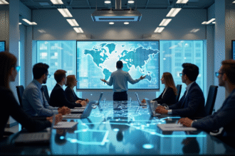 Professionnels d'affaires analysant des données numériques dans un bureau lumineux