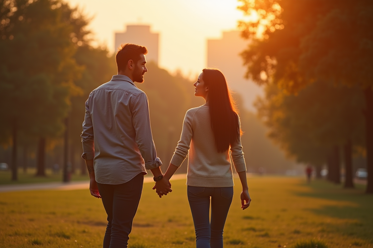 Couple marchant dans un parc lors de l
