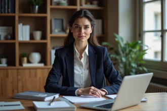 Portrait professionnel d'une femme politique française assise à son bureau dans un cadre institutionnel parisien