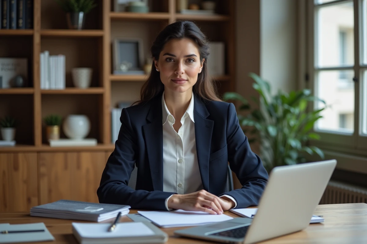Portrait professionnel d'une femme politique française assise à son bureau dans un cadre institutionnel parisien